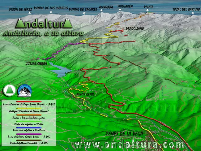 Mapa de Sierra Nevada con una imagen virtual 3D con los Recorridos ciclistas desde Granada, Monachil y Güéjar Sierra a Pradollano y el Veleta