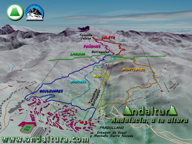 Mapa - Plano de Sierra Nevada, el Valle de Monachil y la Estación de Esquí Sierra Nevada con los circuitos de descenso de MTB