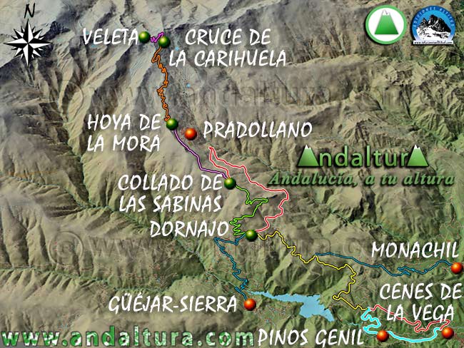 Mapa de Sierra Nevada con los Recorridos ciclistas desde Granada, Monachil y Güéjar Sierra a Pradollano y el Veleta