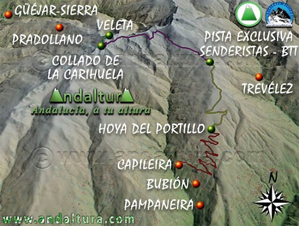 Mapa de Sierra Nevada con el Recorrido de la Ruta BTT desde Capileira al Veleta