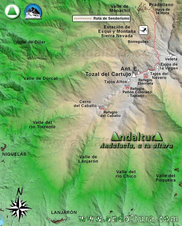 Mapa de Sierra Nevada de la Ruta clásica de Senderismo al Tozal del Cartujo desde Hoya de la Mora, en la Estación de Esquí de Sierra Nevada