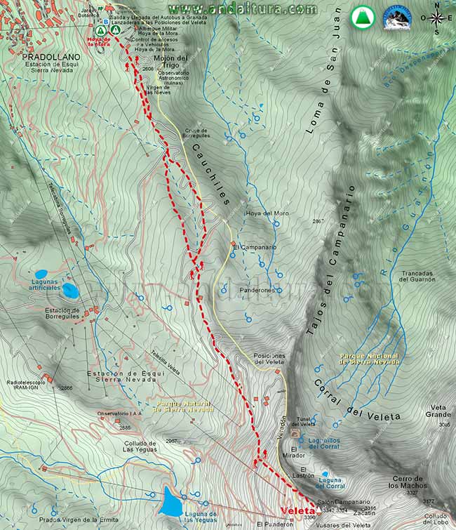 Mapa Topográfico, a escala 1:25000, de Sierra Nevada y la Ruta directa desde la Hoya de la Mora, en Pradollano, al Veleta