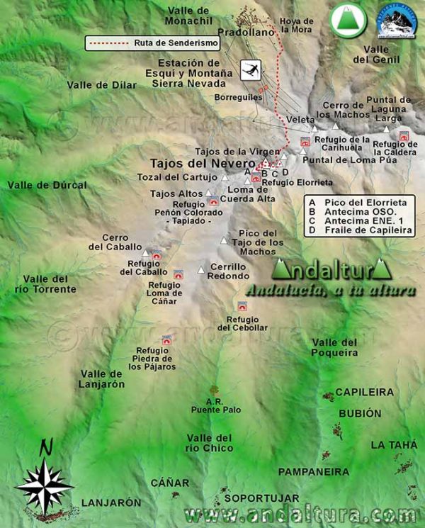 Mapa de Sierra Nevada de la Ruta clásica de Senderismo a los Tajos del Nevero desde Hoya de la Mora, en la Estación de Esquí de Sierra Nevada