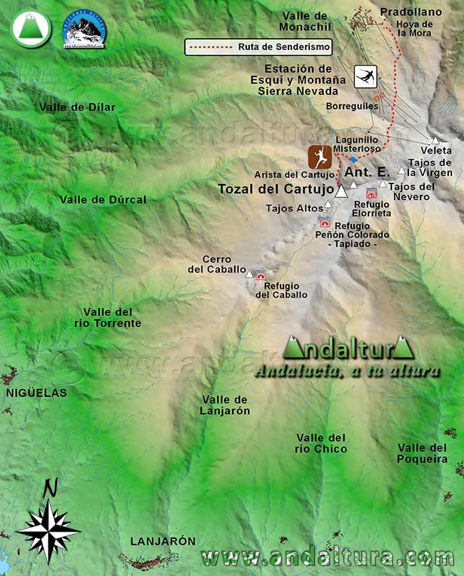 Mapa de Sierra Nevada de la Ruta de Senderismo al Tozal del Cartujo desde Hoya de la Mora, en la Estación de Esquí de Sierra Nevada por la Arista del Cartujo