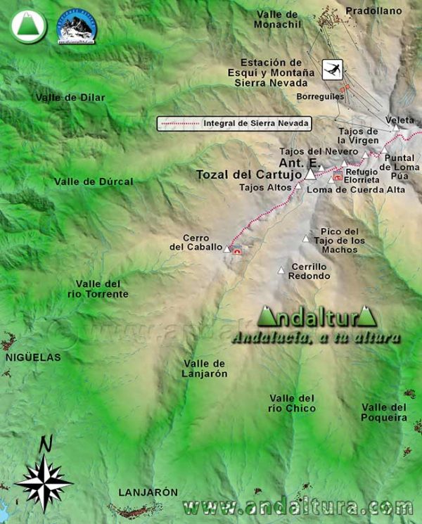 Mapa de Sierra Nevada de la Ruta de Senderismo al Tozal del Cartujo en el tramo de la Integral de Sierra Nevada del Cerro del Caballo al Collado de la Carihuela por la Arista