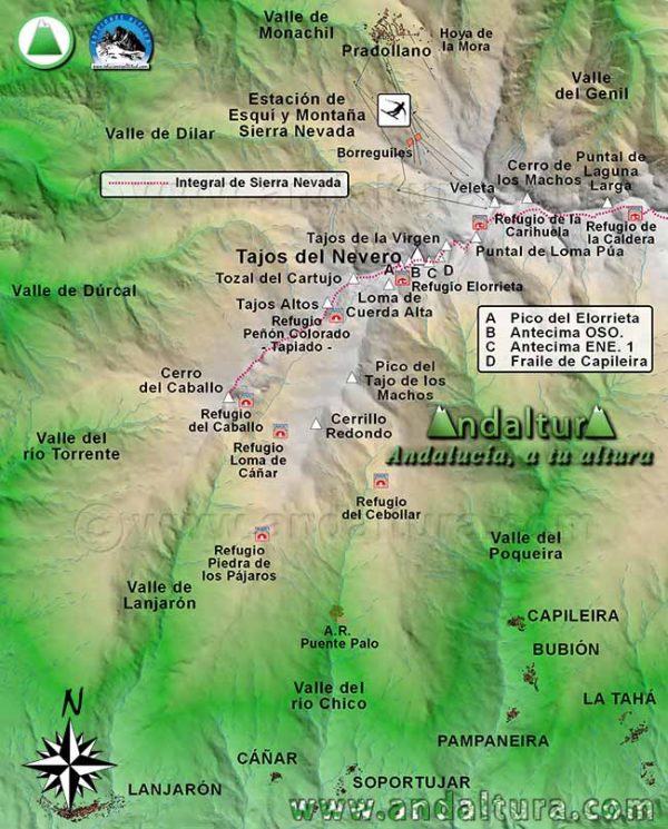 Mapa de Sierra Nevada de la Ruta de Senderismo a los Tajos del Nevero en el tramo de la Integral de Sierra Nevada del Cerro del Caballo al Collado de la Carihuela por la Arista