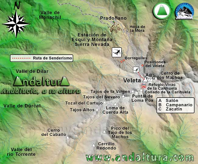 Mapa de Sierra Nevada con la Ruta desde la Estación de Esquí por el Telesilla Veleta hasta el Veleta