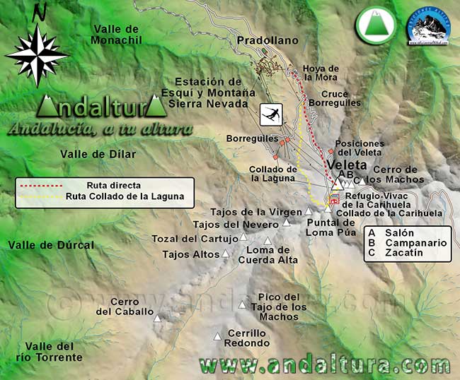 Mapa de Sierra Nevada con la Rutas desde la Estación de Esquí Sierra Nevada, desde la Hoya de la Mora hasta el Veleta, directa o por el Collado de la Laguna