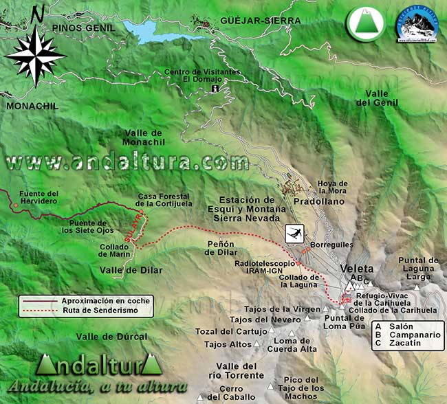 Mapa de Sierra Nevada con la Ruta desde las Casas de la Cortijuela, tras salir de la Zubía, hasta el Veleta
