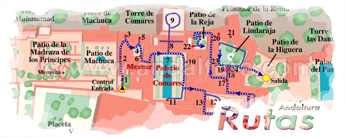 Cabecera para la Visita y Recorrido de los Palacios Nazaríes diurno con el recorrido indicado en nuestro Mapa - Guía de la Alhambra