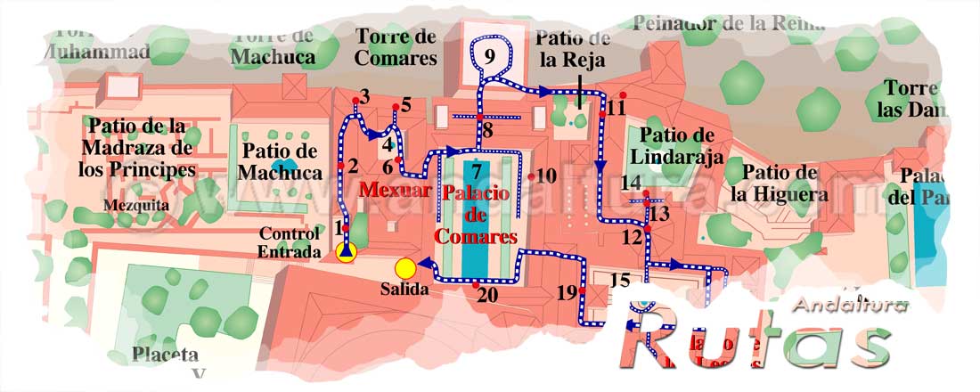 Cabecera para la Visita y Recorrido de los Palacios Nazaríes nocturno con el recorrido indicado en nuestro Mapa - Guía de la Alhambra