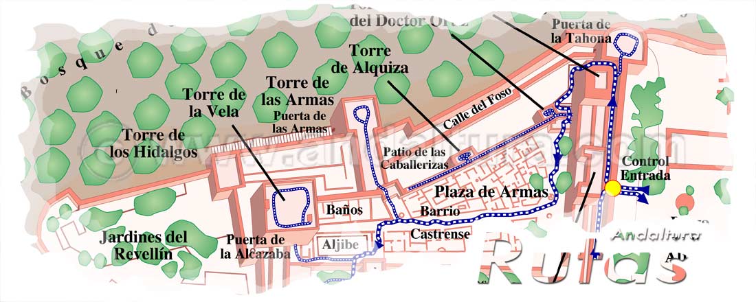 Cabecera para la Visita y Recorrido de la Alcazaba con el recorrido indicado en nuestro Mapa - Guía de la Alhambra