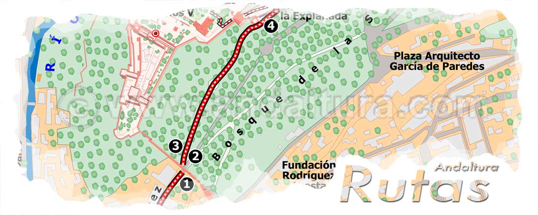 Cabecera de la ruta de Plaza Nueva a la Alhambra por la Cuesta de Gomérez, la Puerta de las Granadas y el camino de la izquierda