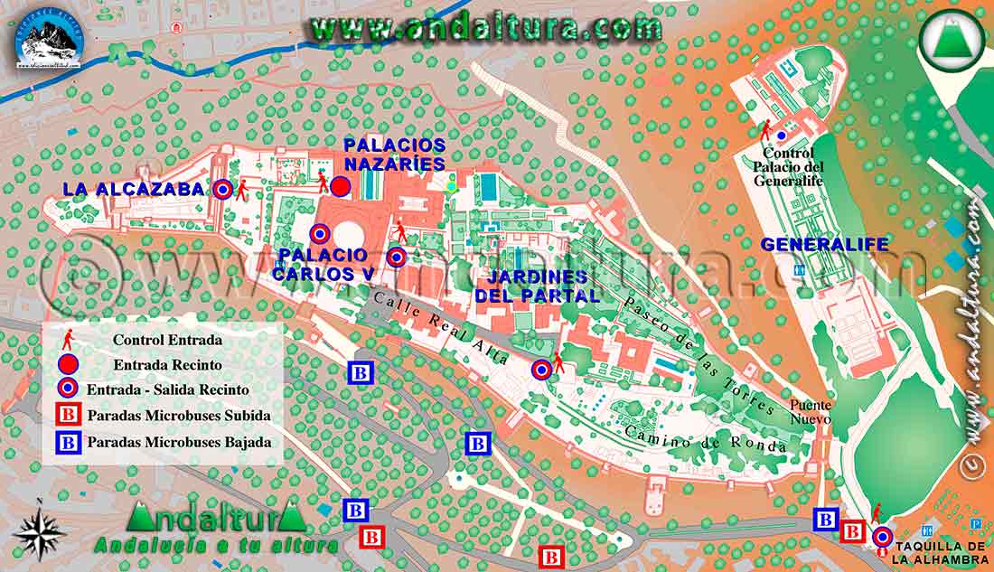 Mapa de las paradas del autobús en la Alhambra