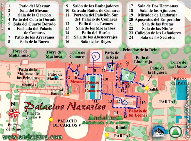 Mapa de la Alhambra: Recorrido - Visita diurna de los Palacios Nazaríes de la Alhambra