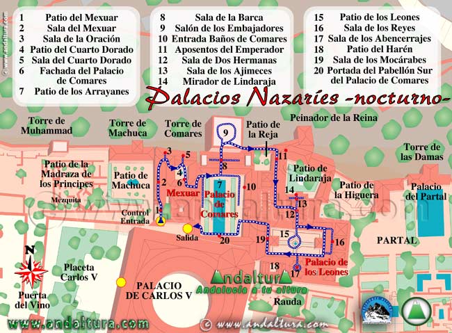Mapa de la Alhambra: Recorrido - Visita nocturna de los Palacios Nazaríes de la Alhambra