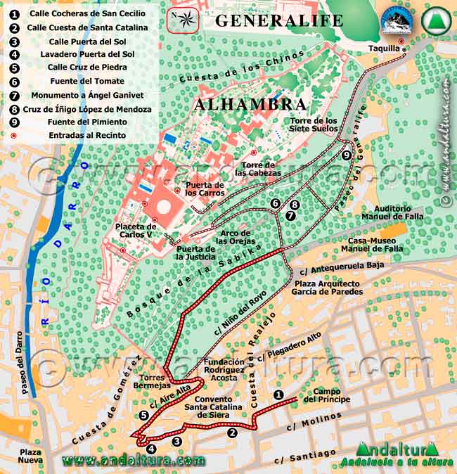 Mapa de la ruta del Campo del Príncipe a la Alhambra por la Cuesta de Santa Catalina