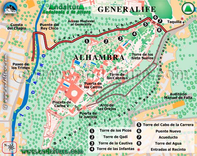 Mapa de la ruta del Paseo de los Tristes a la Alhambra