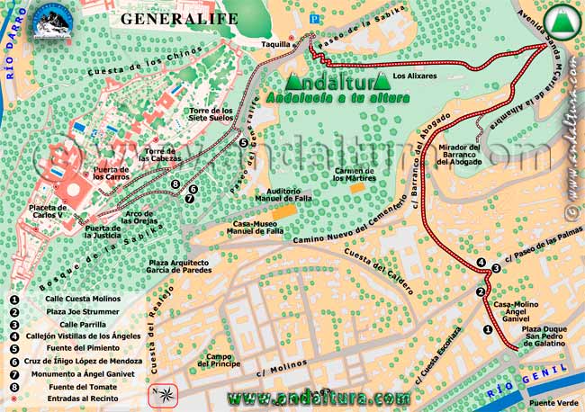 Mapa de la ruta de la Plaza del Duque San Pedro de Galatino a la Alhambra por el Barranco del Abogado