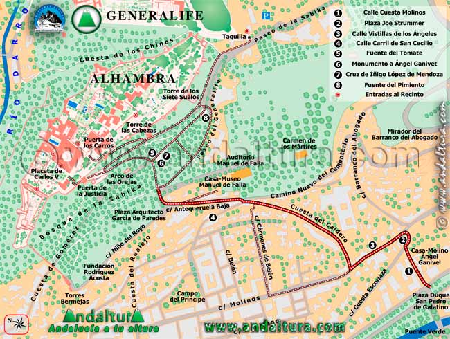 Mapa de la ruta de la Plaza del Duque San Pedro de Galatino a la Alhambra por la Cuesta del Caidero