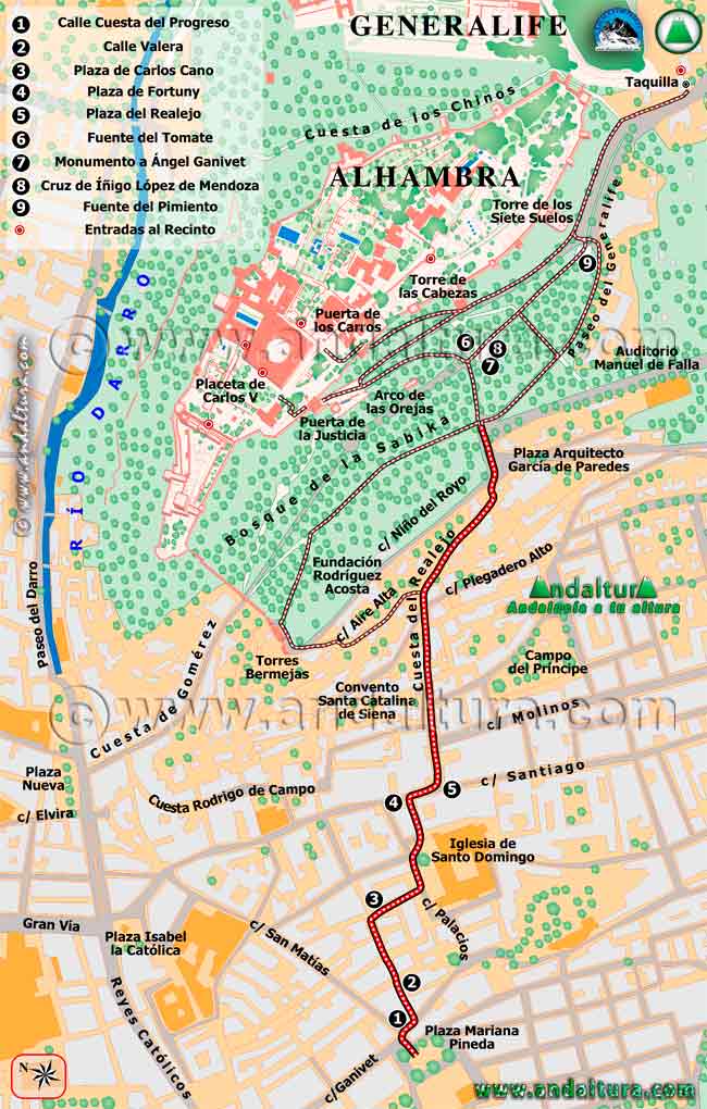 Mapa de la ruta de la Plaza Mariana Pineda a la Alhambra por el Realejo