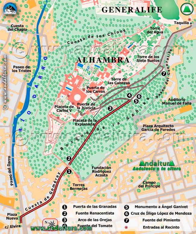 Mapa de la ruta de la Plaza Nueva a la Alhambra por la carretera del centro