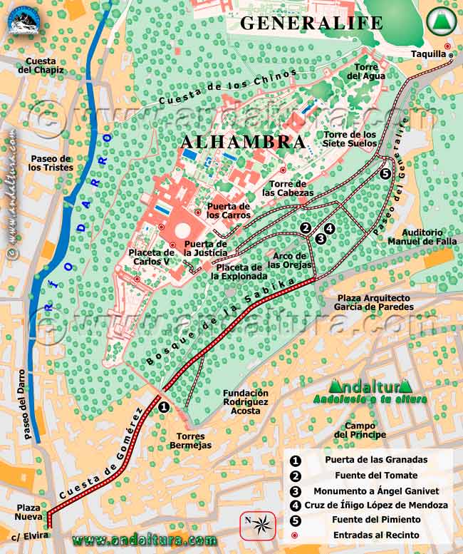 Mapa de la ruta de la Plaza Nueva a la Alhambra por el paseo de la derecha