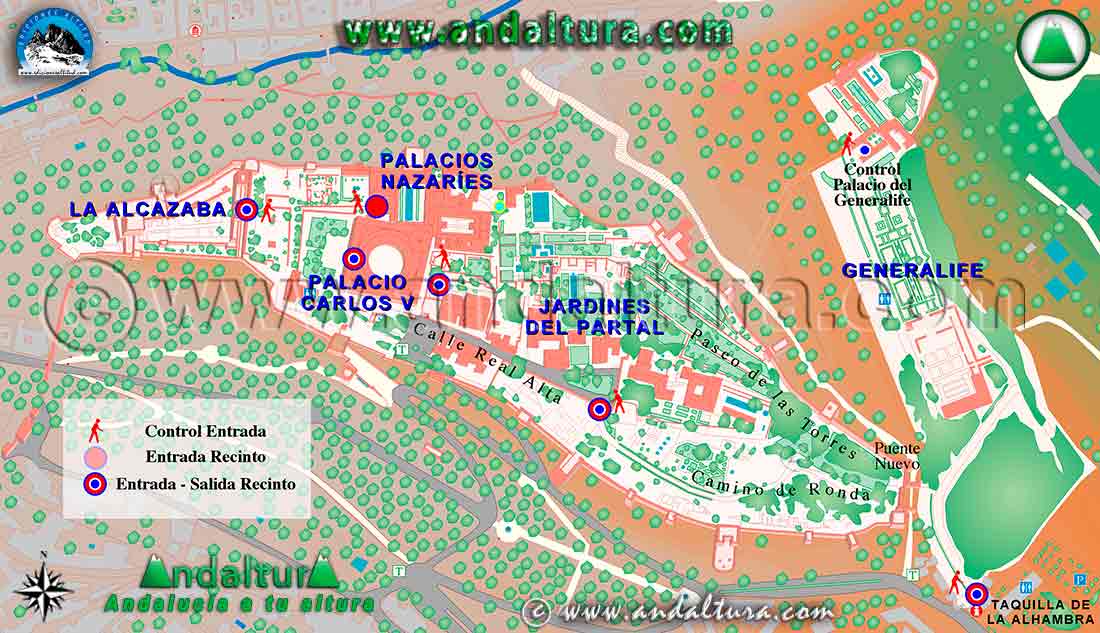 Mapa de la Alhambra con las zonas de control y acceso a las distintas partes del Conjunto Monumental