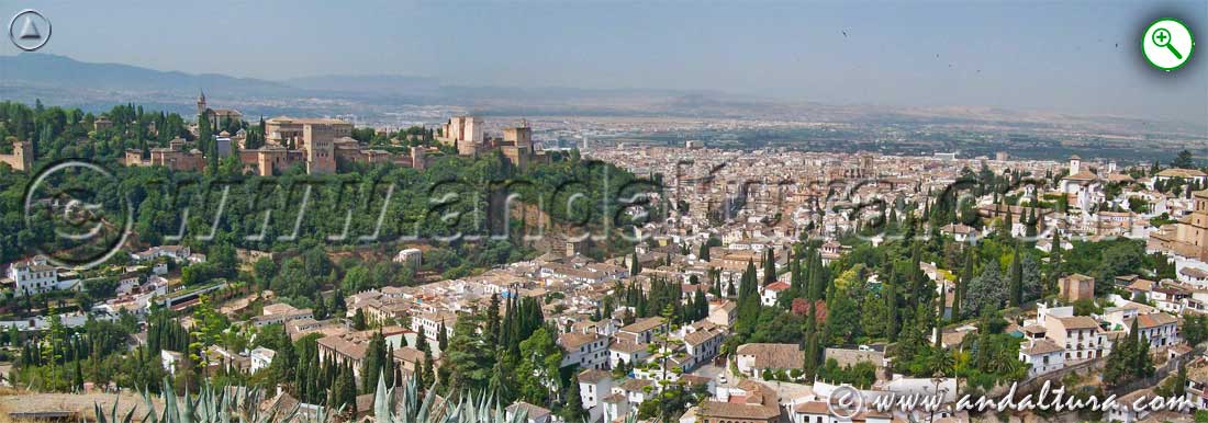 El Albaycín, la ciudad de Granada y la Alhambra desde el Mirador de San Miguel Alto