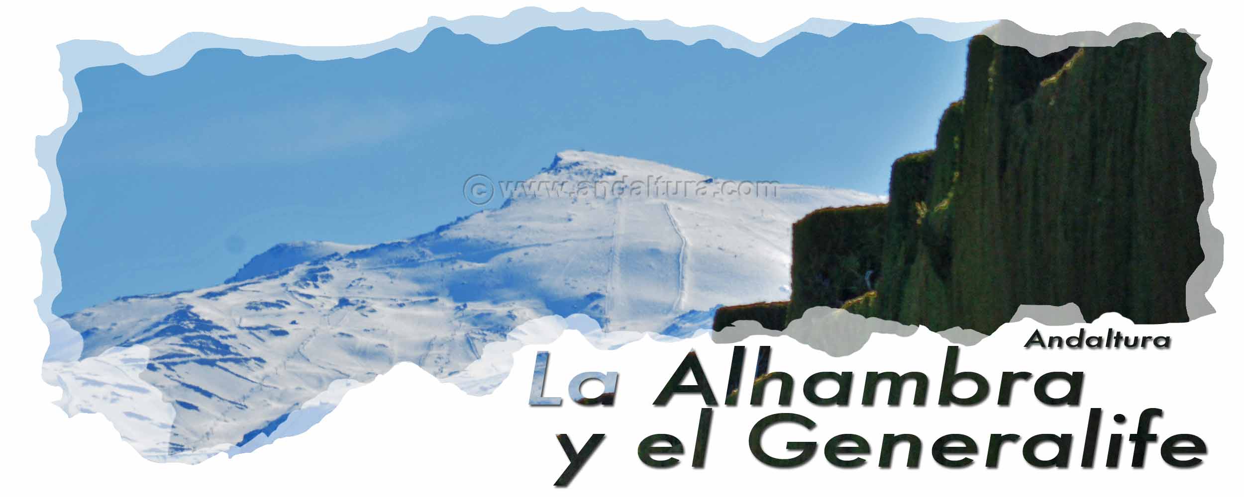 Cabecera Torre de la Justicia - Cerro de los Machos, Veleta y Pistas de Esquí de la Estación Sierra Nevada desde el Paseo de los Cipreses de la Medina de la Alhambra
