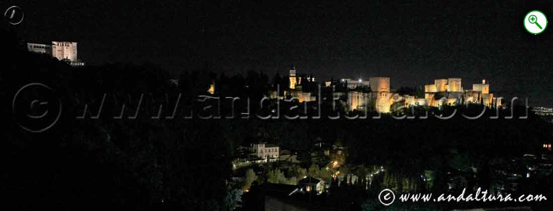 La Alhambra y el Generalife de noche desde el Mirador Alto de la Vereda de Enmedio del Sacromonte