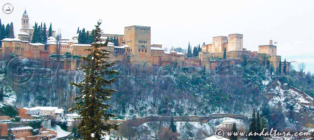Vista nevada de la Alhambra y el Bosque de San Pedro desde el Mirador del Camino del Sacromonte