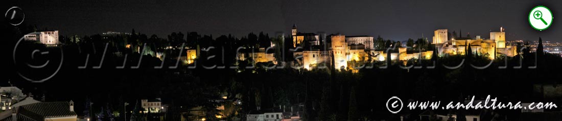Vista de noche de la Alhambra y el Generalife desde el Mirador de la Rauda