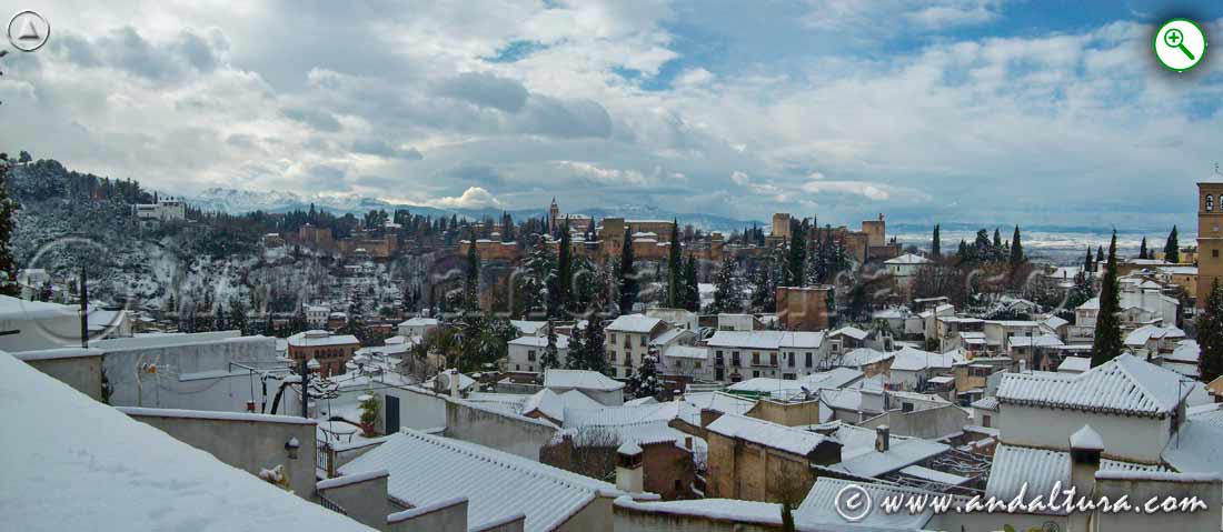 Vista nevada del Albaycín - Albaicín - y la Alhambra desde el Mirador de la Rauda