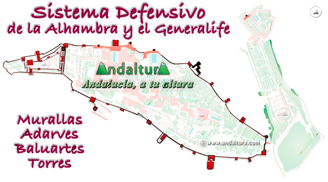 Mapa de la Alhambra y sus sistema Defensivo con las Murallas, Adarves, Baluartes y Torres