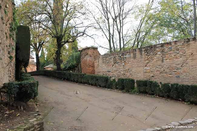 Muralla hacia el Palacio del Partal desde la Puerta del Arrabal y la Torre de los Picos - Jardines del Partal