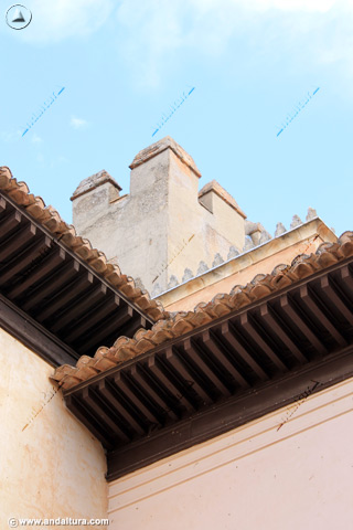 Detalle de las almenas de la Torre de Comares desde el Cuarto Dorado de los Palacios Nazaríes de la Alhambra