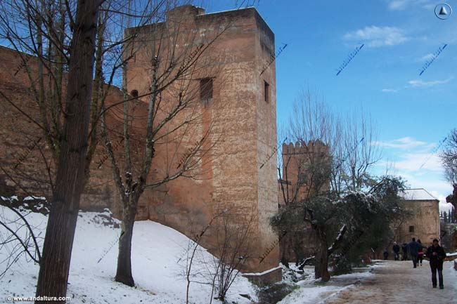 Visitantes ascienden por la Cuesta de los Chinos nevada junto a la Torre del Cadí y la Torre y Baluarte de la Torre de los Picos
