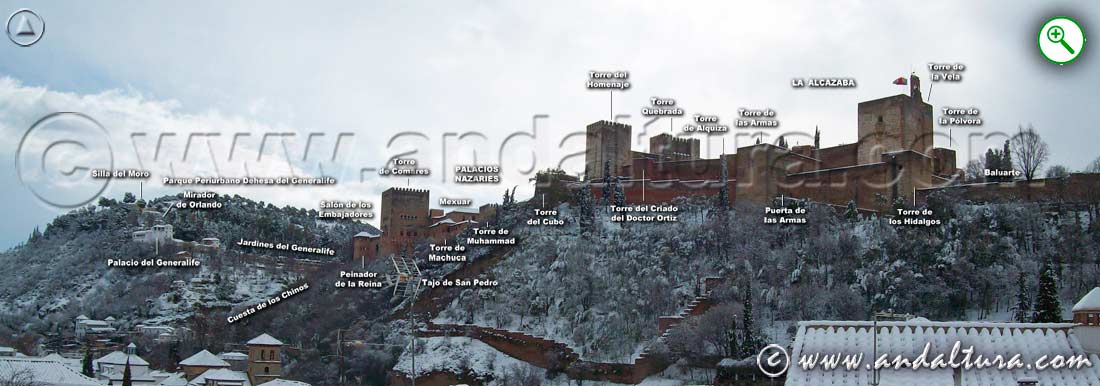 Indicaciones en una vista nevada de las partes de la Alhambra desde el Mirador de Carvajales