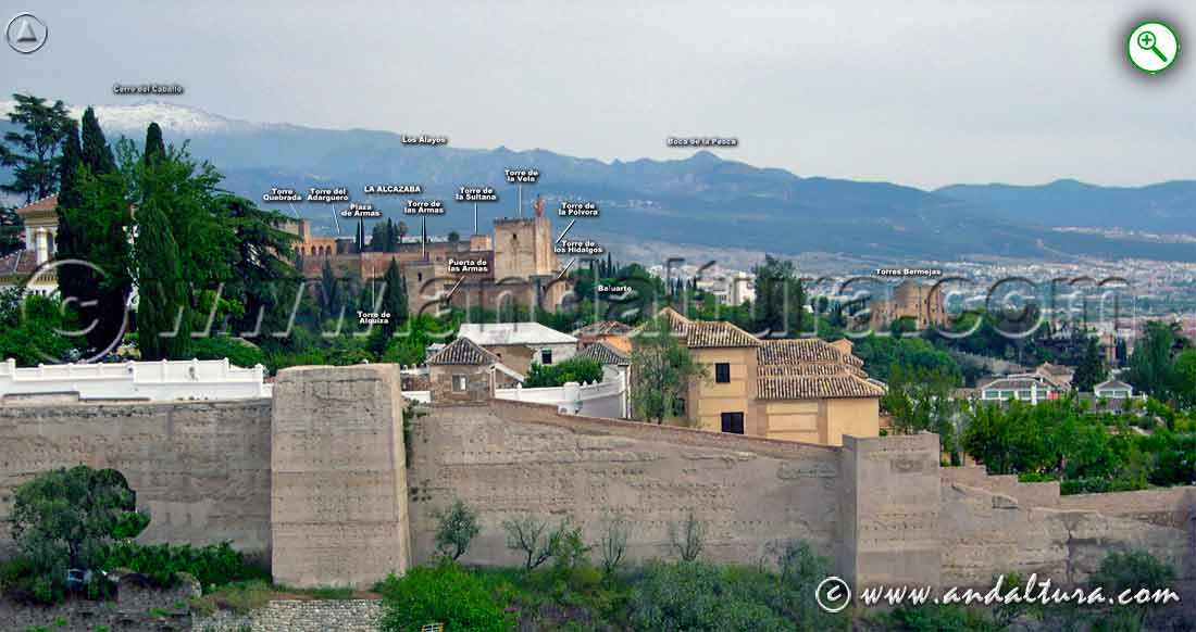 Indicaciones de las zonas de la Alhambra desde el Mirador de San Cristóbal