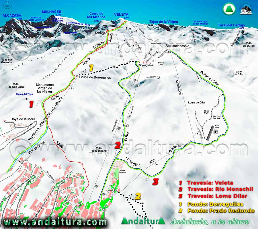 Mapa de la Ruta para Esquí de Travesía en la Estación de Esquí Sierra Nevada