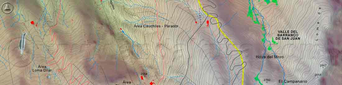 Recorte Mapa y Plano del Área Esquiable de Sierra Nevada con curvas de nivel