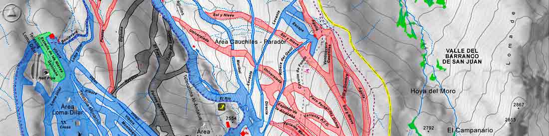 Recorte Mapa y Plano de las Pistas de Esquí de Sierra Nevada con curvas de nivel