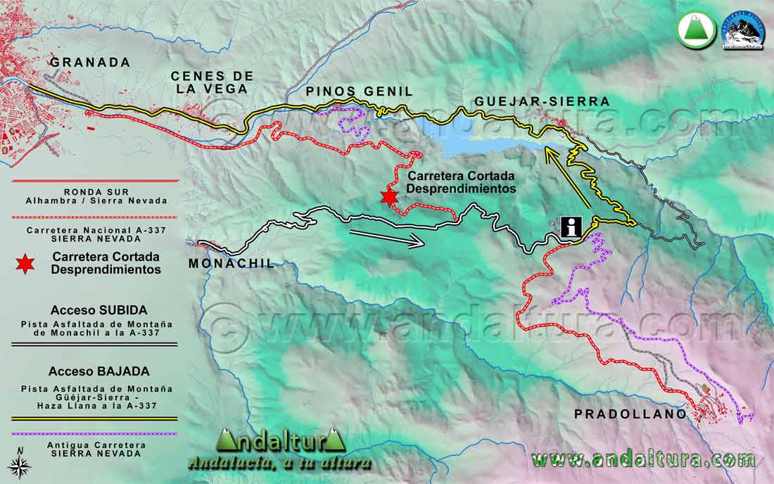 Mapa de accesos a la Estación de Esquí Sierra Nevada durante el corte de carretera en febrero de 2023