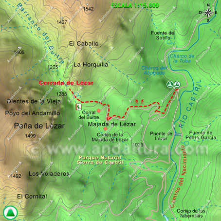 Mapa Topográfico y Georeferenciado de la Ruta de Senderismo a la Cerrada de Lézar desde la pista del río Castril