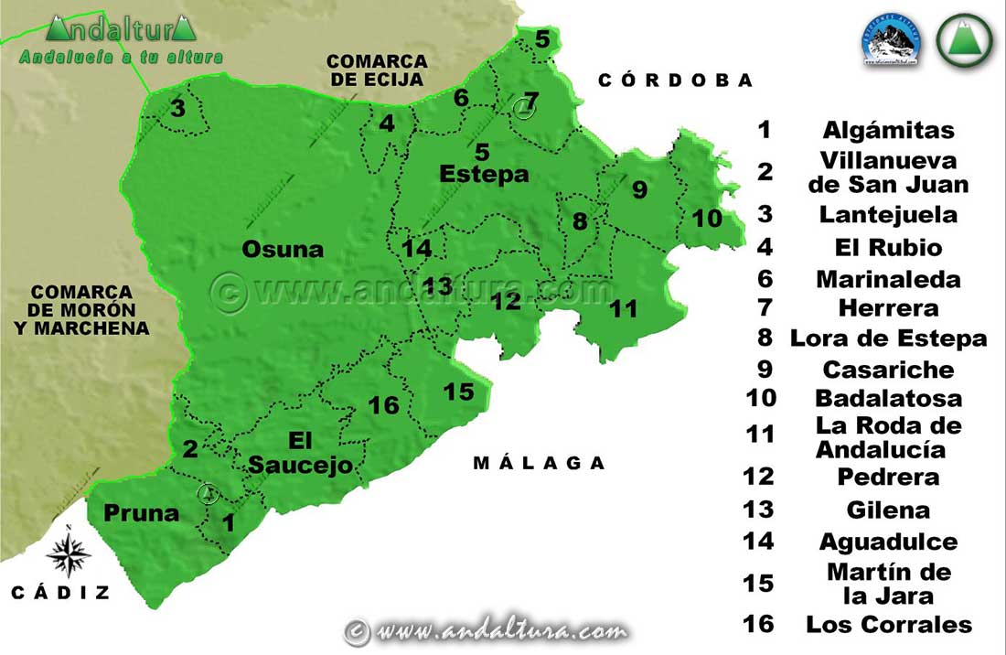 Mapa de los Municipios de la Comarca Sierra Sur de Sevilla