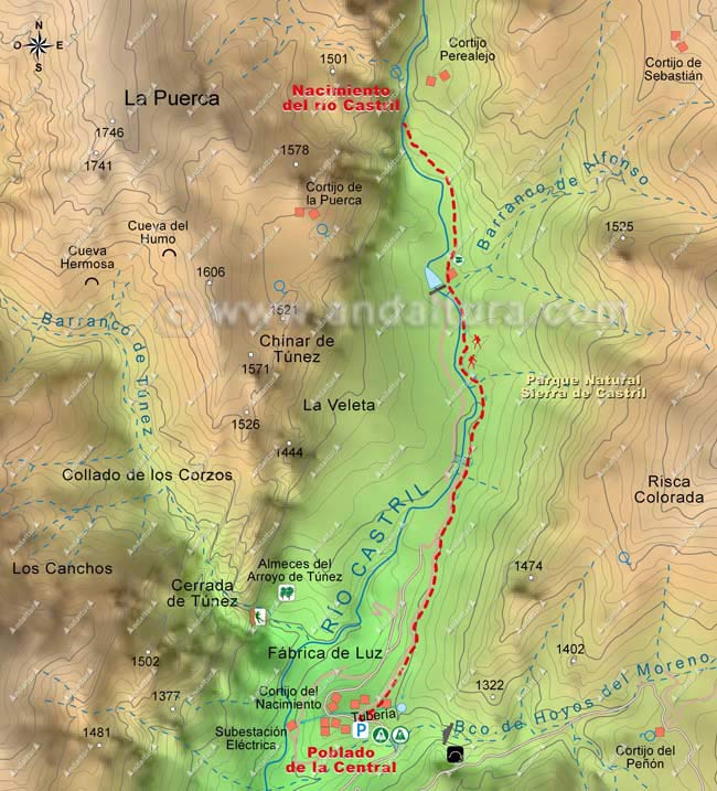 Mapa Topográfico y Georeferenciado de la Ruta de Senderismo al Nacimiento del río Castril desde el Poblado de la Central