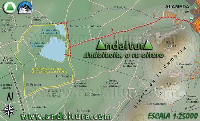 Mapa Topográfico y Georeferenciado de la Ruta de Senderismo y BTT desde Alameda a la Laguna de la Ratosa y a la Laguna de la Castañuela