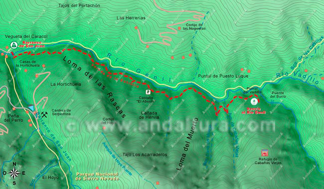 Mapa Cartográfico 1 de la Ruta desde Güejar-Sierra al Mulhacén - Tramo Barranco de San Juan al desvío del río Genil