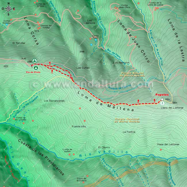 Mapa Cartográfico 1 de la Ruta a los Lavaderos de la Reina - Tramo Fin Pista Loma de Maitena al Vértice Geodésico Papeles